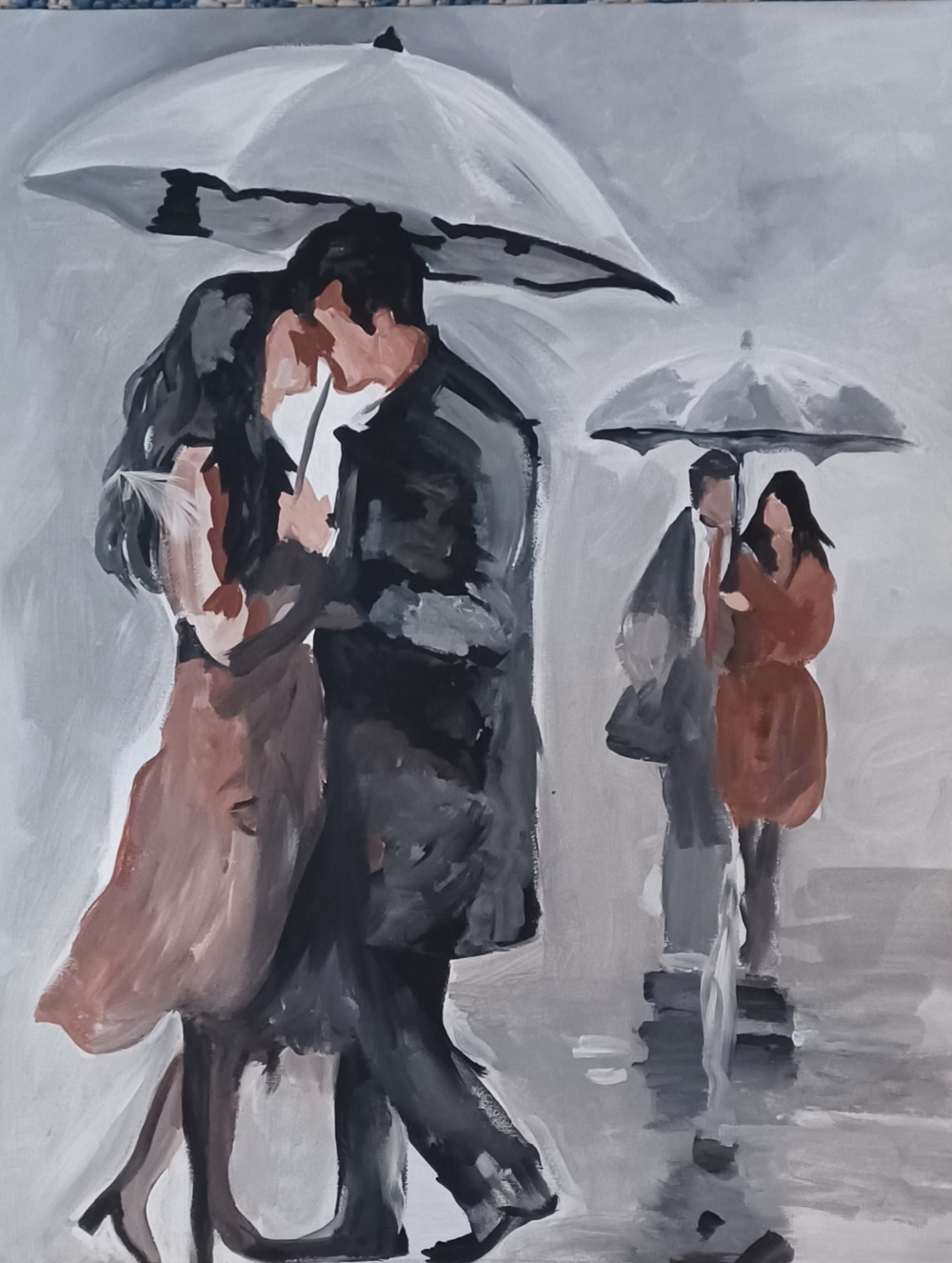 Original Acrylic Romantic Couples Under Umbrellas Wall Art - Brown & Black